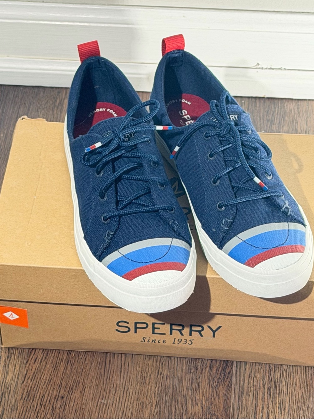 Sperry Navy Canvas Low-Top Sneakers with Red & Light Blue Accents